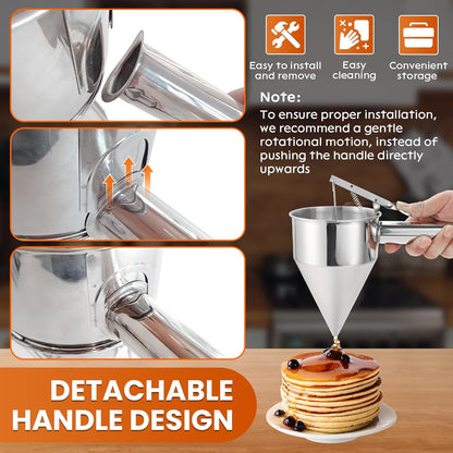 1200ML/40OZ Stainless Steel Pancake Batter Dispenser, Piston Funnel Dispenser with Stand Detachable Handle for Takoyaki Baking Cake Desserts with 4PCS Nozzles