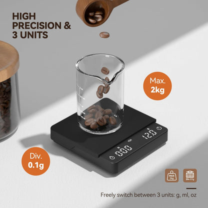 Coffee Scale, Espresso Scale, Weigh Digital Kitchen Scale with Timer, 2kg/0.1g Rechargeable Scale, Ratios & Flow Rate Display, Barista-Grade for Pour-Over, Espresso, French Press – Black