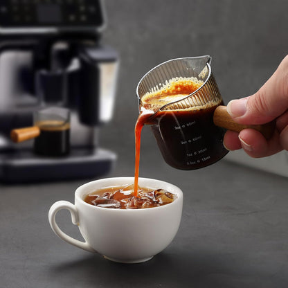 Espresso Cups 6 OZ, V-Shaped Spouts Cups, Espresso Shot Glasses with Wood Handle, Ribbed Milk Measuring Cup