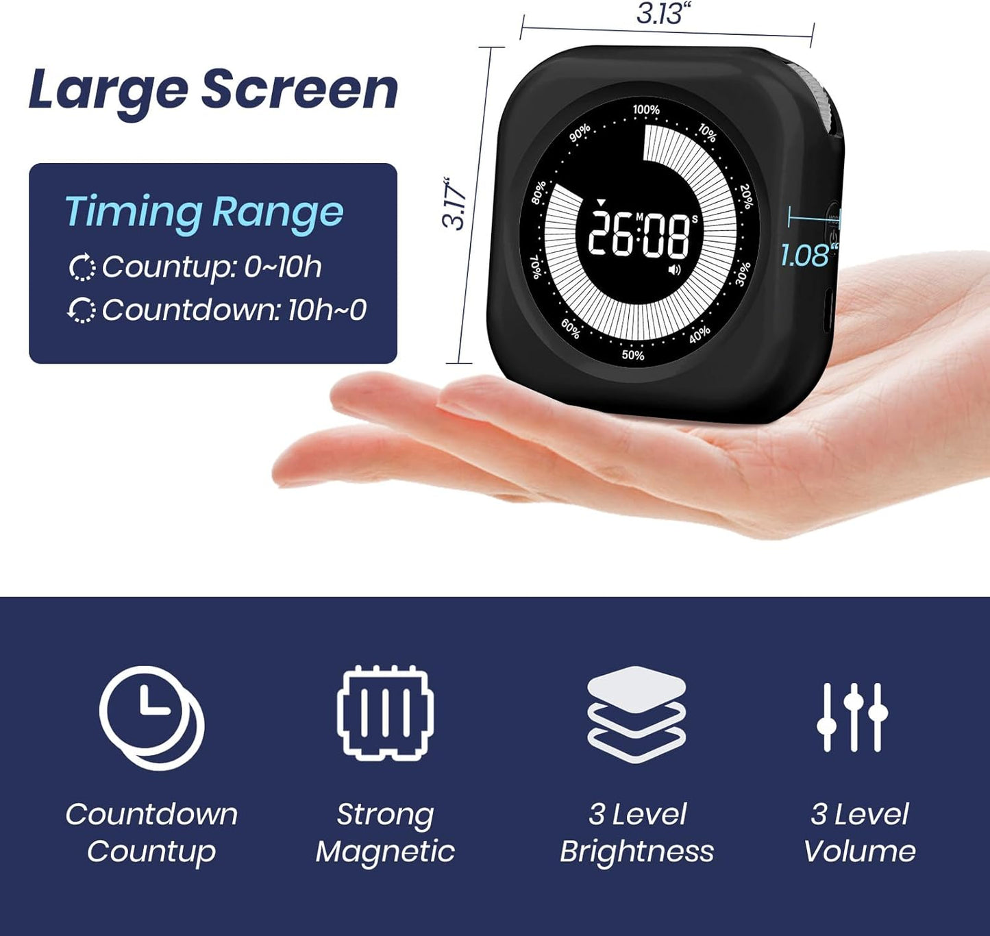 PERSUPER Visual Timer for Kids, 10 Hours Countdown/Up, with Rechargeable, 3 Volume Levels, 3 Brightness Display, and Magnetic, Homeschool Study Tool, Large Digital Timers for Classroom, Kitchen