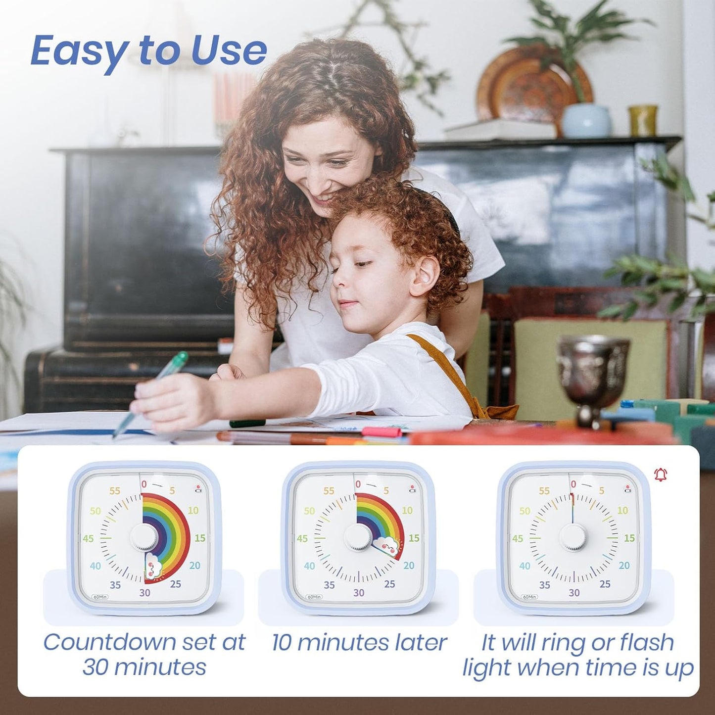 Yunbaoit Visual Timer with Protective Case, Rainbow Disk 60 Minute Countdown Timer for Kids and Adults, Silent Time Management Tool(Blue Rainbow)