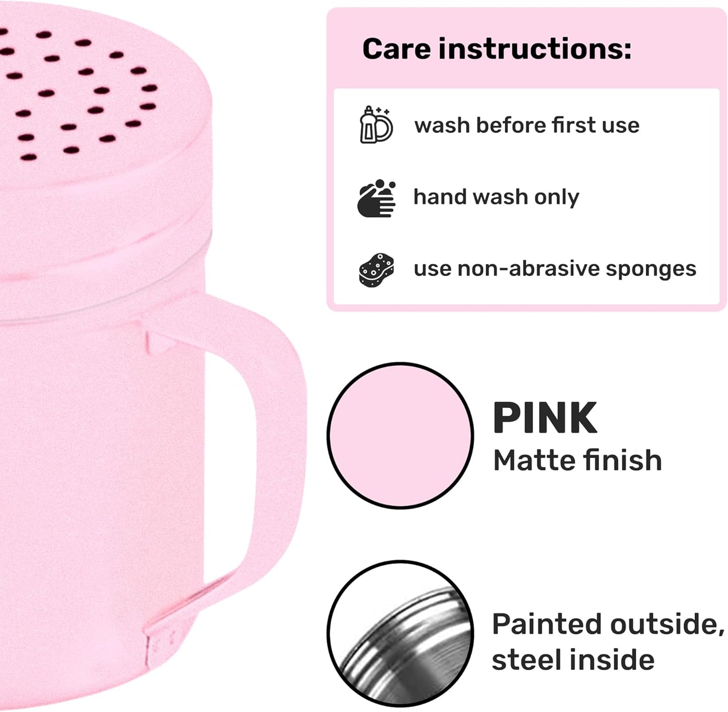 CUSINIUM Metal Salt Pepper Dredge Shakers - With Handle - Seasonings Spice Shakers With Holes and Lids - 10 Ounce, 2pcs | Style: Medium