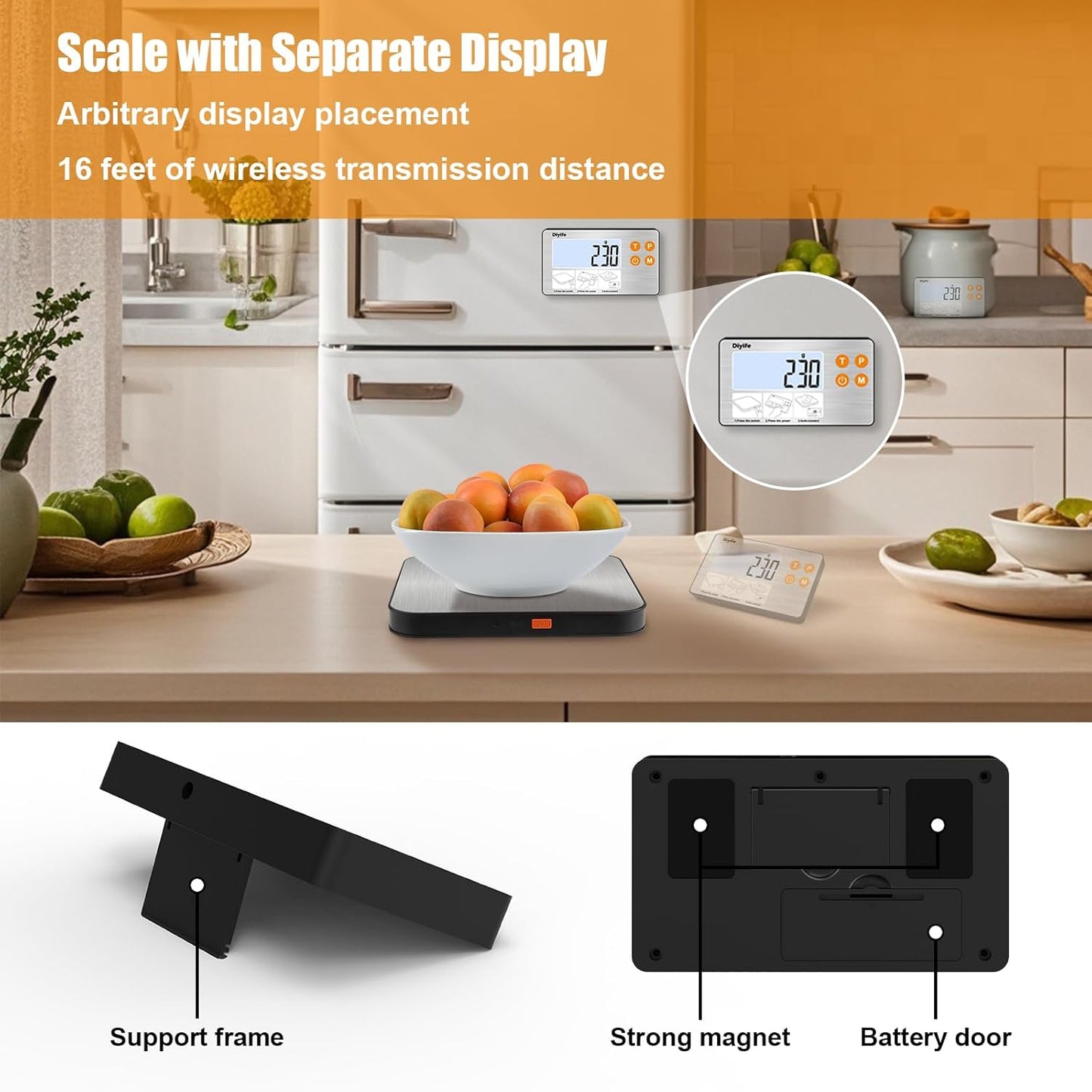 33lb Food Scale with Split Display, Diyife Digital Kitchen Scales, 1g/0.1oz Precise Graduation, 304 Stainless Steel Platform, Backlit LCD, for Cooking, Meal Prep