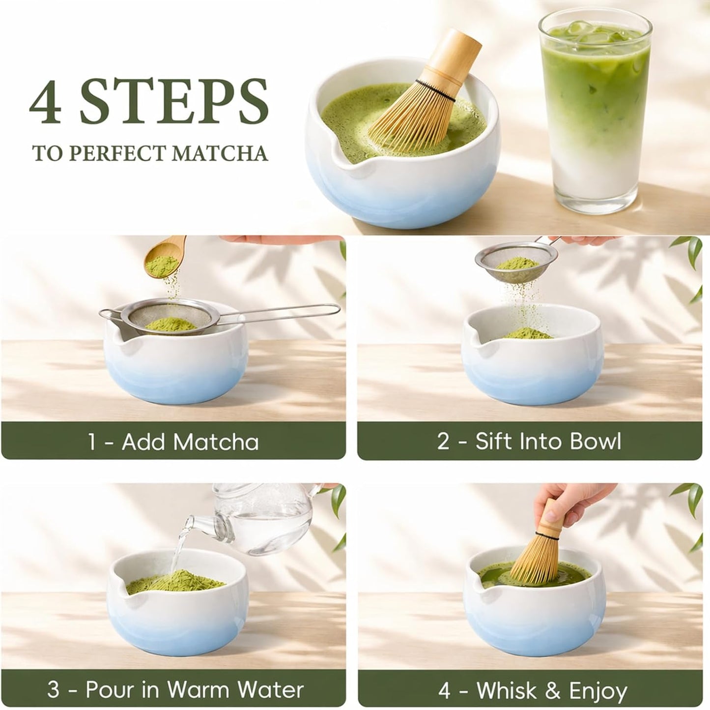 Matcha Whisk Set, Ceramic Matcha Set Includes Bowl & Holder, Bamboo Whisk (Chasen), Scoop, Spoon and Sifter, 6PCS Matcha Kit Covers Everything Needed for Making Matcha (Green)