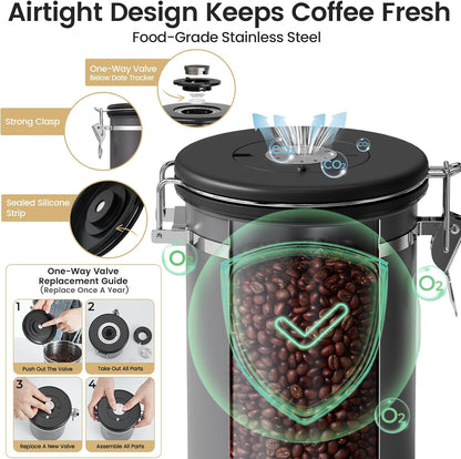 Veken Coffee Canister with Window,Airtight Stainless Steel Pantry Container,Home Kitchen Food Storage Organizers for Ground,Beans,Espresso,Rice,Tea,Sugar,Cereal, Decor,Bar Accessories,Gifts,22OZ,Black