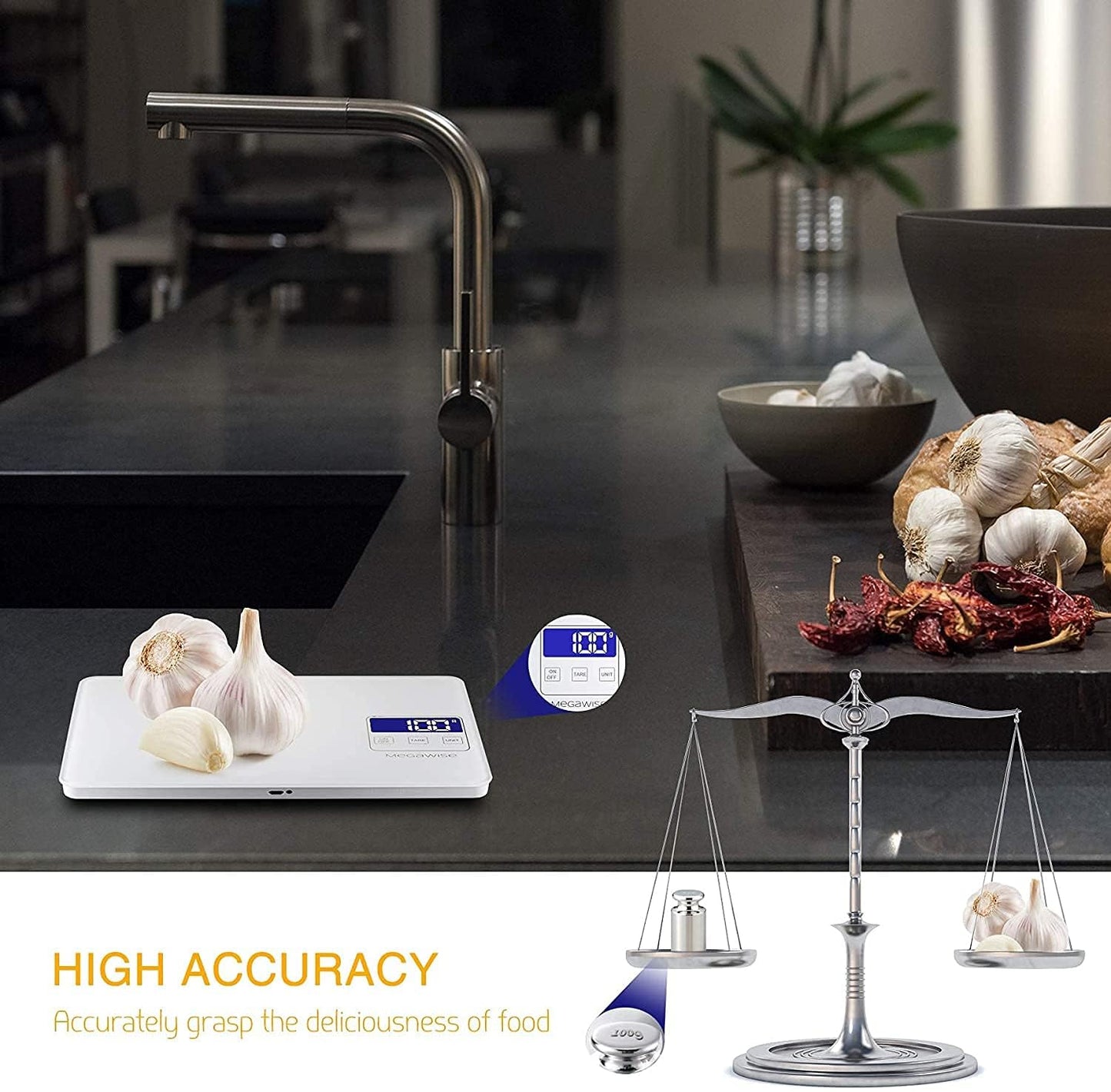 MEGAWISE Digital Kitchen Scale, 33lb Food Scale with LCD Display, High Precision Sensors, Tare Function, Unit Conversion, Ideal for Baking, Cooking, and Meal Preparation (White)
