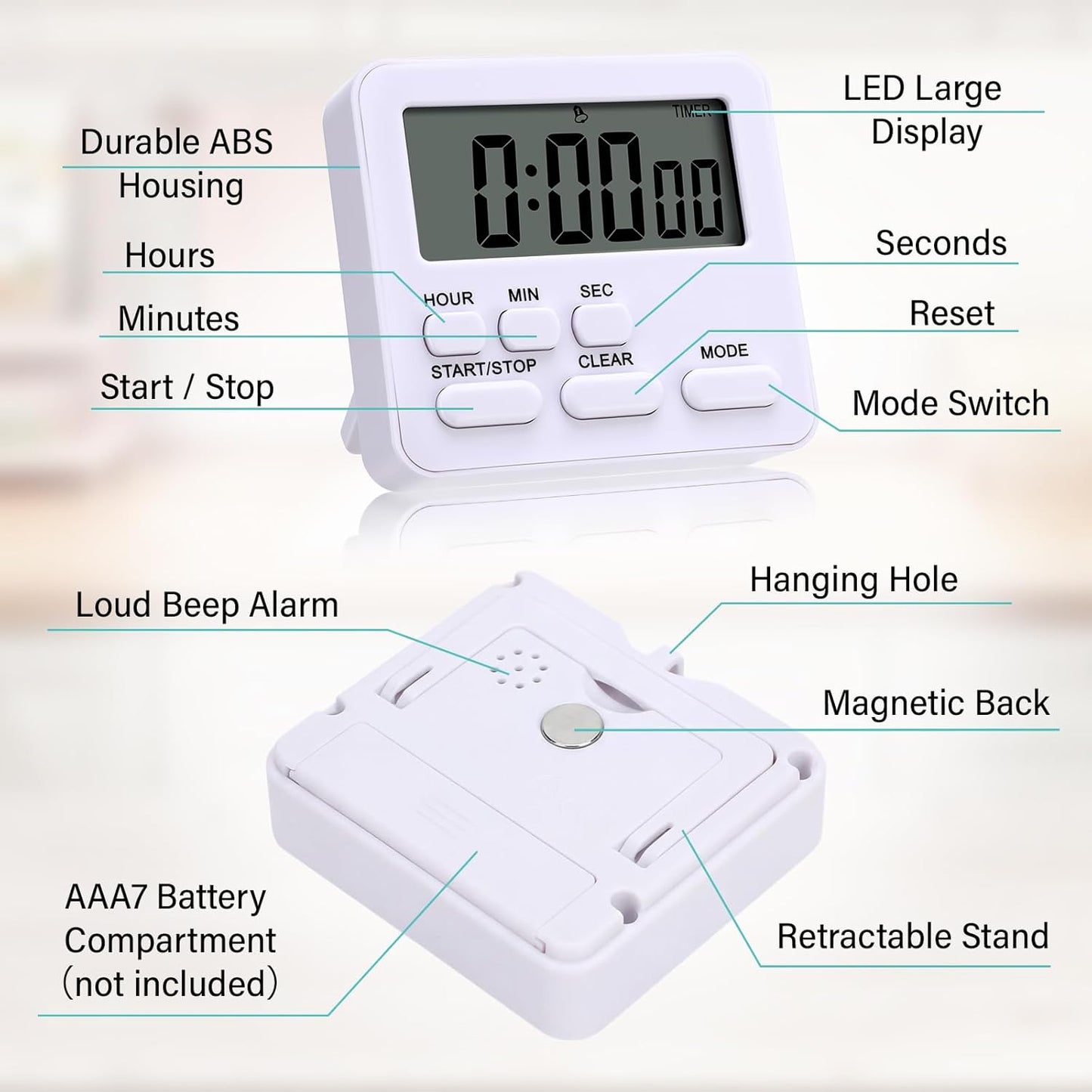 Leumoi 2 Pcs Digital Kitchen Timer 24 Hour Clock and Alarm Function Timer On/Off Switch Minute Second Count up Countdown Loud Alarm for Exercise Cook Baking(White)