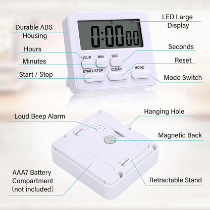 Leumoi 2 Pcs Digital Kitchen Timer 24 Hour Clock and Alarm Function Timer On/Off Switch Minute Second Count up Countdown Loud Alarm for Exercise Cook Baking(White)