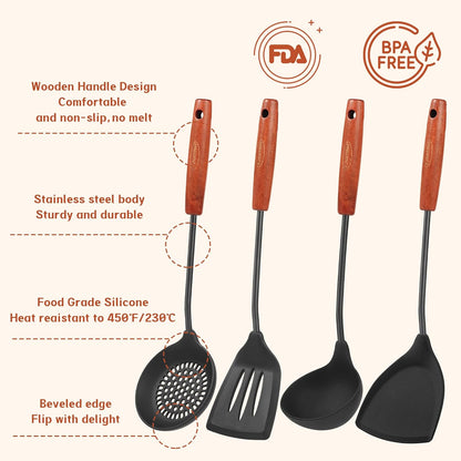FJNATINH Wok Tools, Wok Utensil,Wok Spatula,Ladle,Skimmer Tool Set,Non Stick Heat-Resistant Silicone Cooking Utensils BPA Free Kitchen Utensils Cookware, Pack of 3,Black