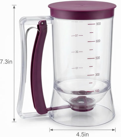 Pancake Batter Dispenser, 4-Cup Cupcake Batter Dispenser with Squeeze Handle & Measuring Marks & Easy Control, No-Drip Valve Baking Tool for Pancakes, Muffins, Waffles, Crepes, Cupcakes