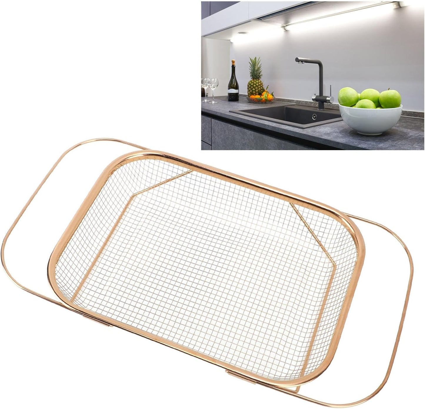 JTLB Over The Sink Colander Strainer Basket Stainless Steel for Kitchen Sink with Handles Fine Mesh Expandable Kitchen Essentials Rectangle (Gold)