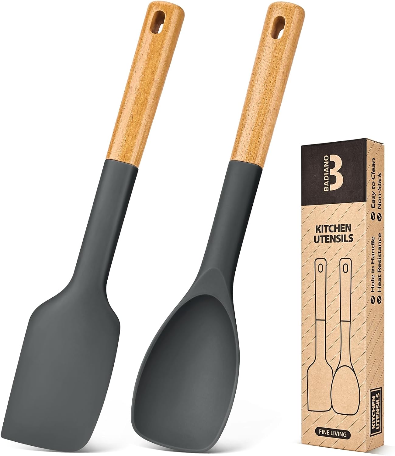 Silicone Spatula and Spoonula Set, Great For Stirring, Tough Mixing and Folding, Sturdy Bpa-Free Matte Silicone, Wooden Handle Rubber Scraper For Nonstick Cookwares (Grey)