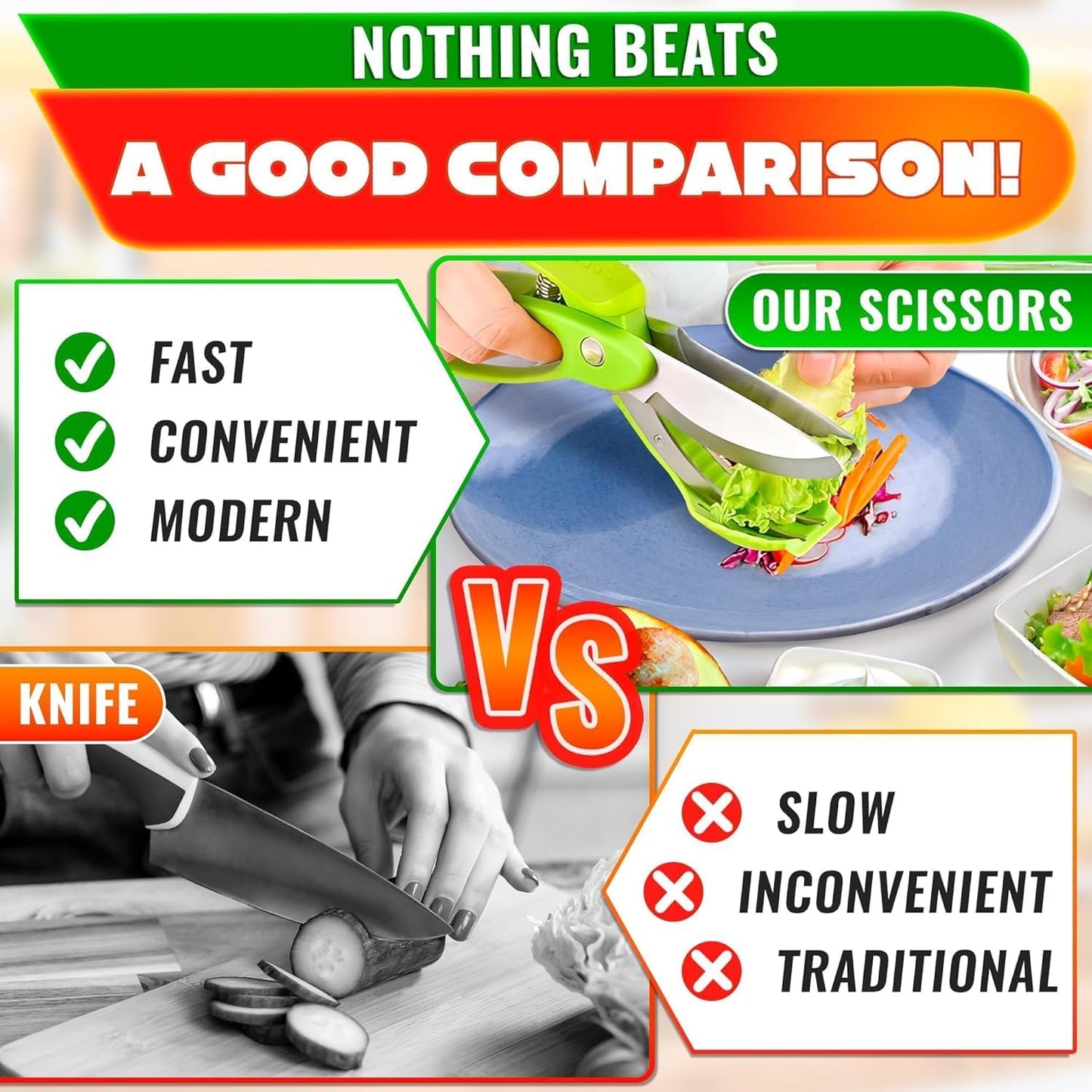 2 in 1 Cutting Board Scissors for Food - 9.5" Detachable Cheese Scissors with Cutting Board and Stainless Steel Blade - Easy-to-Use Veggie Cutter with Safety Lock, Suitable for Fruits and Vegetables