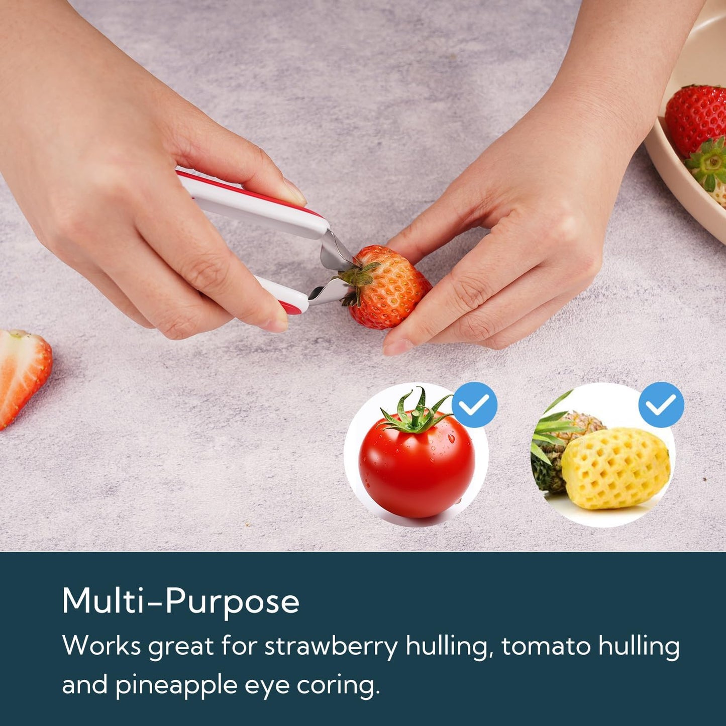 KITCHENDAO Strawberry Huller Corer Stem Remover with Safety Lock, Non-Slip Soft-touch Handle, Sharp Blades, Dishwasher Safe,1 Pack