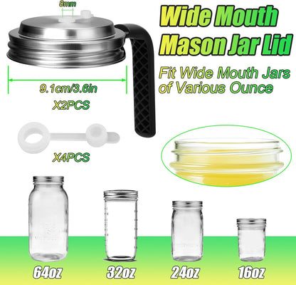 Mason Jar Pour Spout Lid Stainless Steel with Handle, Wide Mouth Pour Spout Flip Cap Lids for Mason Jars, Anticracking Leak Proof Seal Cover Airtight for Drinking Salad Dressing & Food Storing(2PCS)