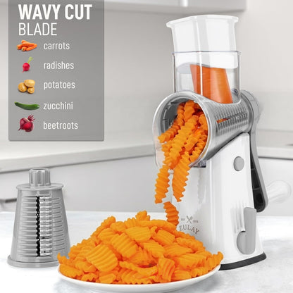 Zulay Kitchen Rotary Cheese Grater 5 Blade Cheese Shredder - Manual Hand Crank Cheese Grater With Reinforced Suction & 5 Interchangeable Drums - Easy to Use, Vegetable Chopper Round Mandoline Slicer - Colors A