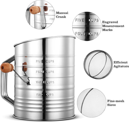 Flour Sifter for Baking, 304 Stainless Steel 5 Cup Flour Sieve Fine Mesh Screen Powder Sifters with Loop Agitator for Quick Sifting, Hand Crank Sifter for Cooking Baking Kitchen Sugar Utensil DIY