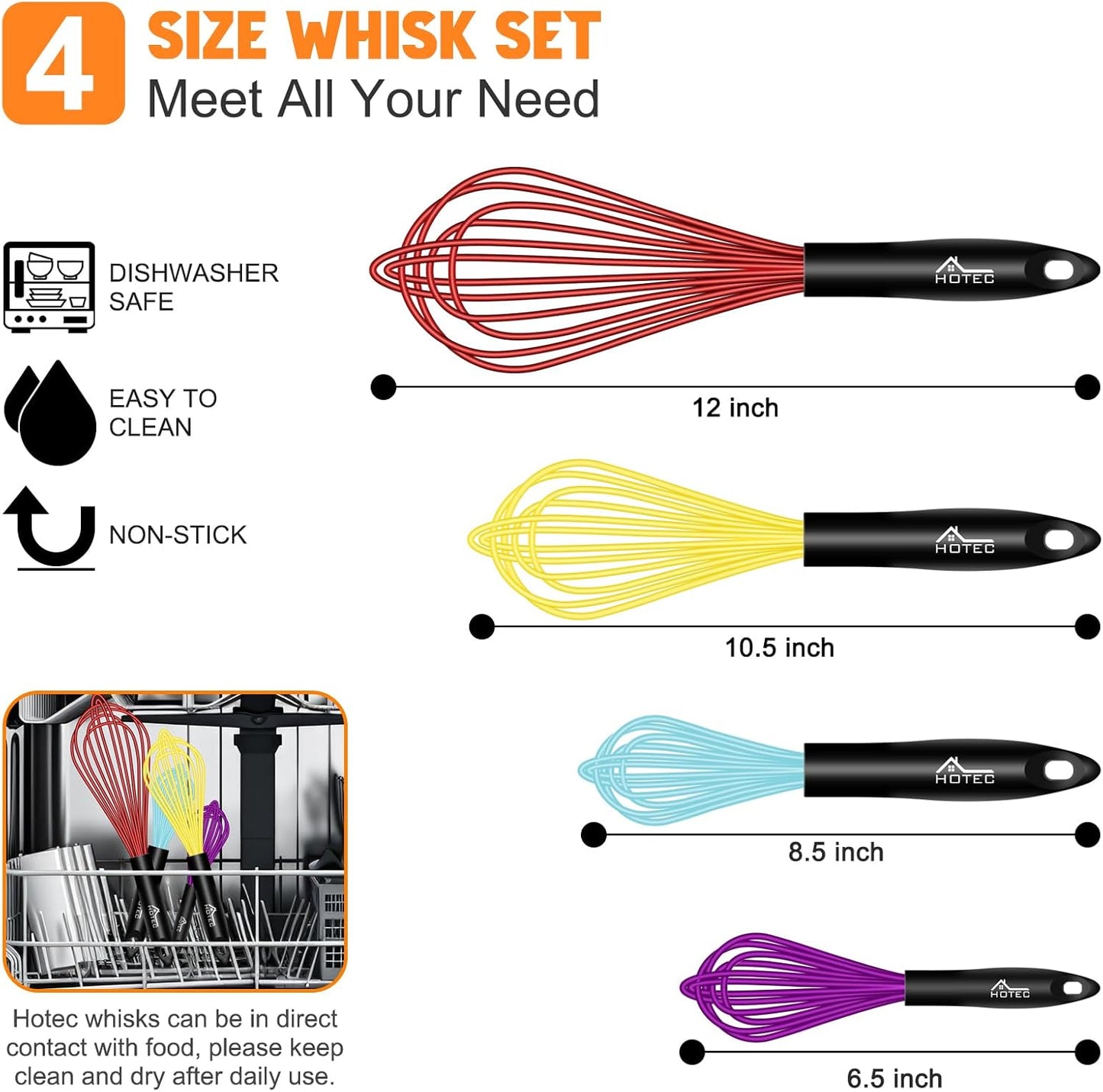 HOTEC 4 Pieces Silicone Whisks Set, Wire Balloon Whisks for cooking Egg Beater, Non-slip Handle Whisk for Non-stick Cookware Perfect for Cooking, Stirring, Beating and Blending (Multicolor)