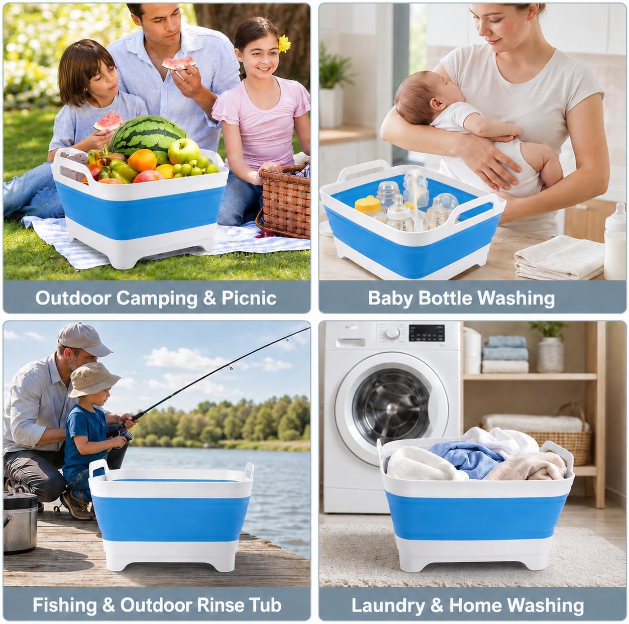 2.4 Gal(9L) Collapsible Dish Basin with Drain Plug, Space Saving Outdoor Multiuse Foldable Sink Tub, Dishpan, Kitchen Storage Tray for Camping, Vegetable Washing, RV (Gray)