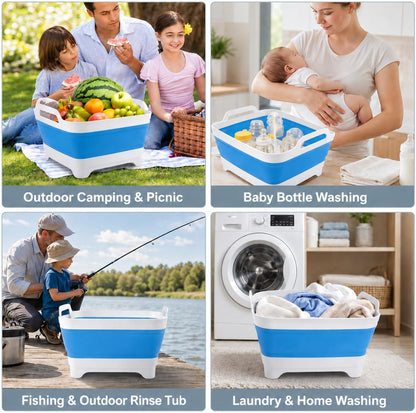 2.4 Gal(9L) Collapsible Dish Basin with Drain Plug, Space Saving Outdoor Multiuse Foldable Sink Tub, Dishpan, Kitchen Storage Tray for Camping, Vegetable Washing, RV (Gray)