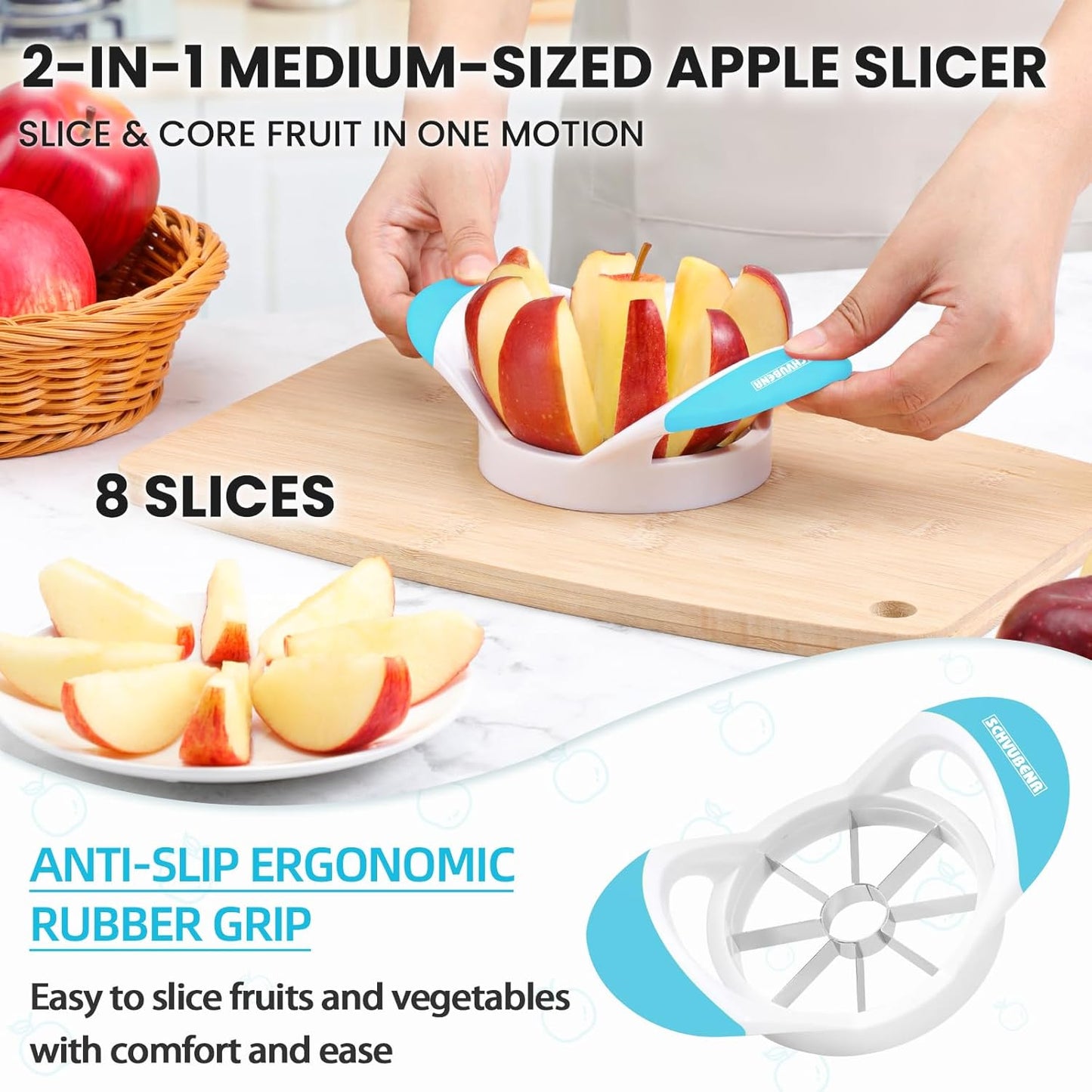 SCHVUBENR 3.5 Inch Apple Slicer - Professional Apple Cutter - Stainless Steel Apple Corer - Super Sharp Apple Slicer and Corer - Apple Tool with 8 Sharp Blades(Black)
