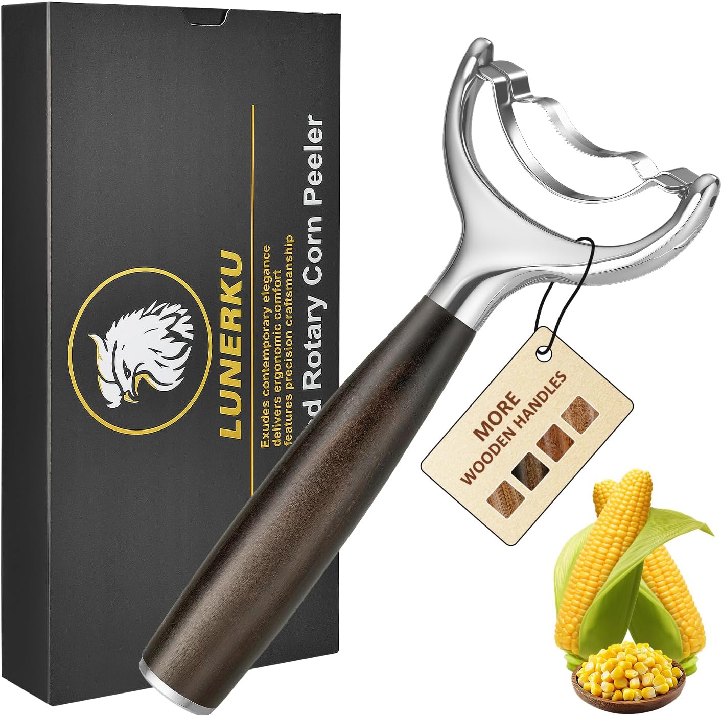 Stainless Steel Corn Peeler, Durable Corn on the Cob Stripper Tool with Solid Wood Good Grip Handle for Salad Polenta Pizza Popcorn Cooking Gifts for Woman Her Mom Birthday (Exotic Ebony)