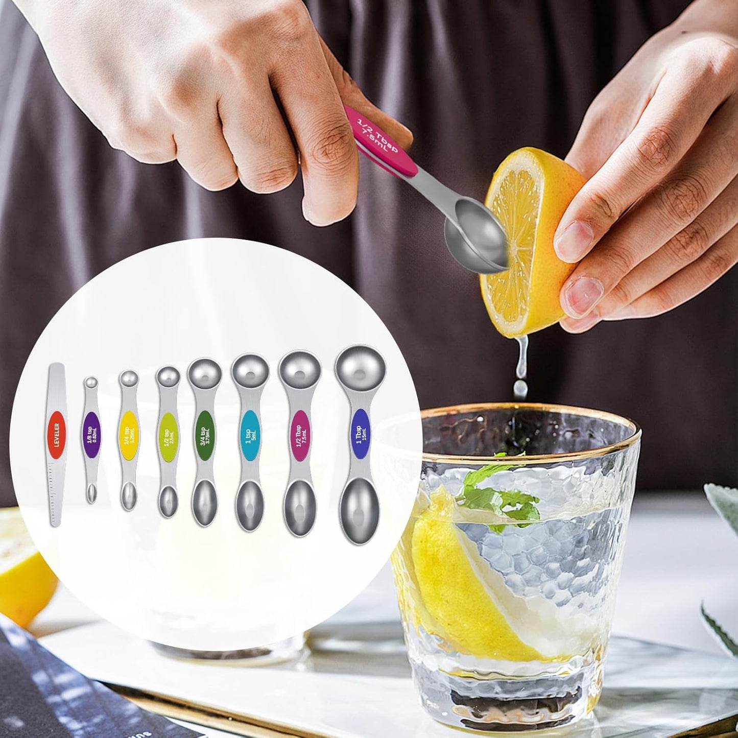 Magnetic Measuring Cups & Spoons Set, Strong N45 Magnets, Heavy Duty Stainless Steel Fits in Spice Jars for Baking & Cooking, BPA Free, Round Set of 15 with Leveler,Dark Black
