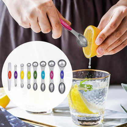 Magnetic Measuring Cups & Spoons Set, Strong N45 Magnets, Heavy Duty Stainless Steel Fits in Spice Jars for Baking & Cooking, BPA Free, Round Set of 15 with Leveler,Dark Black