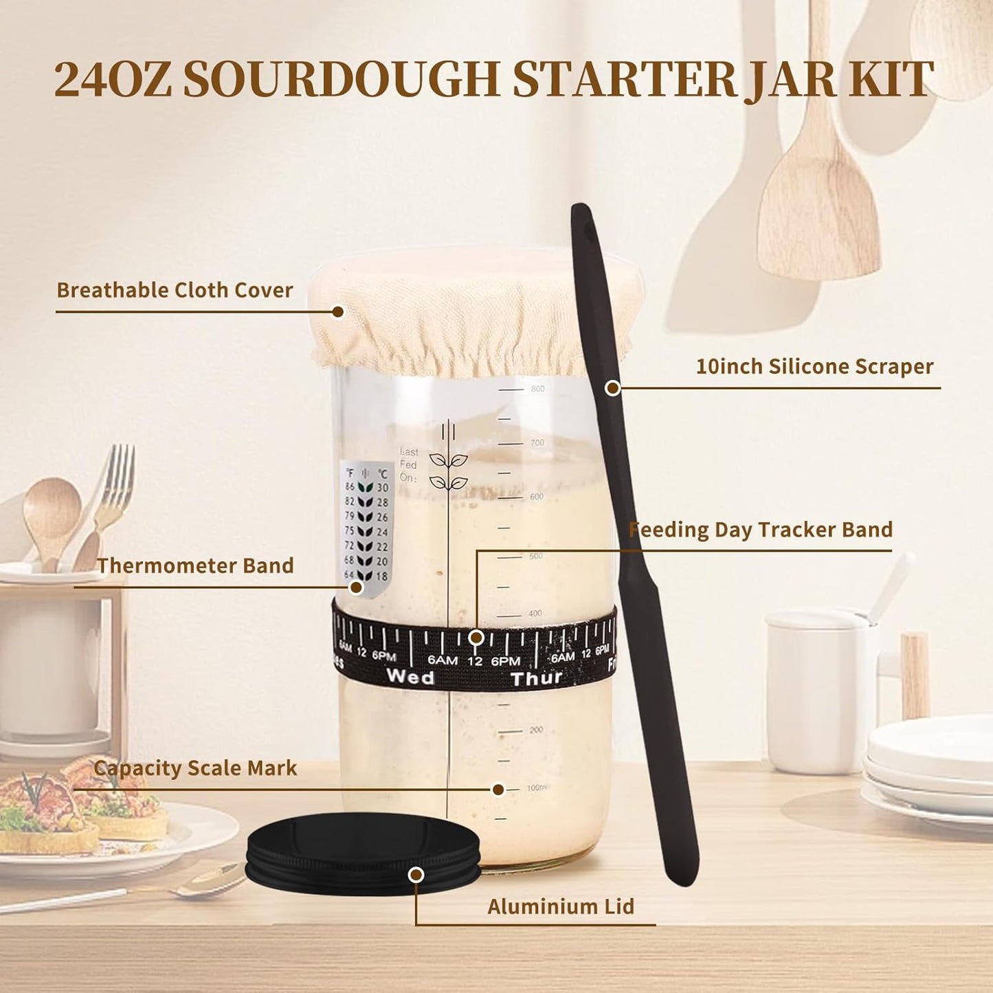Sourdough Starter Kit, Banneton Proofing Basket 10" Round, Sourdough Bread Baking Supplies With Starter Jar, Bread Sling&Lame, Danish Dough Whisk Sour Dough Kits Gifts for Bakers Women Wife Mom