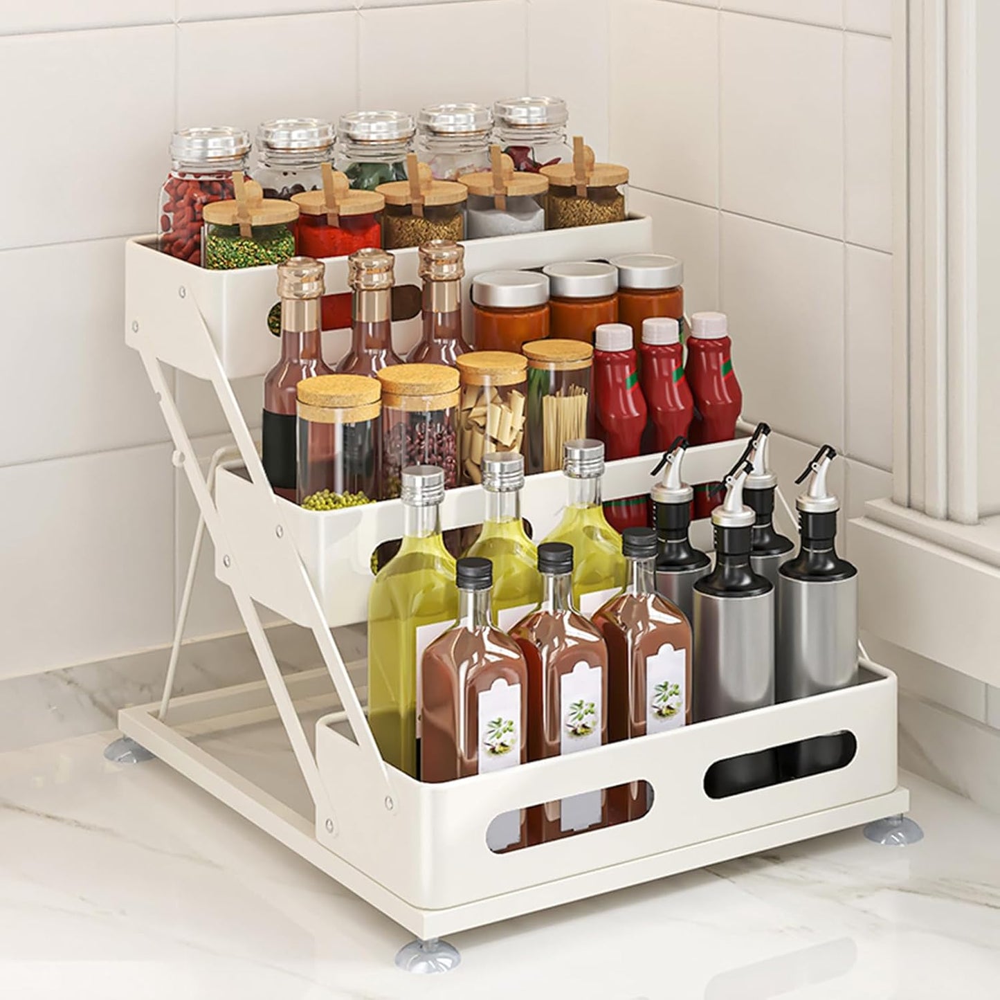 Ceetug 3 Tier Foldable Spice Rack for Countertop Iron Kitchen Seasoning Organizer for Cabinet, Black