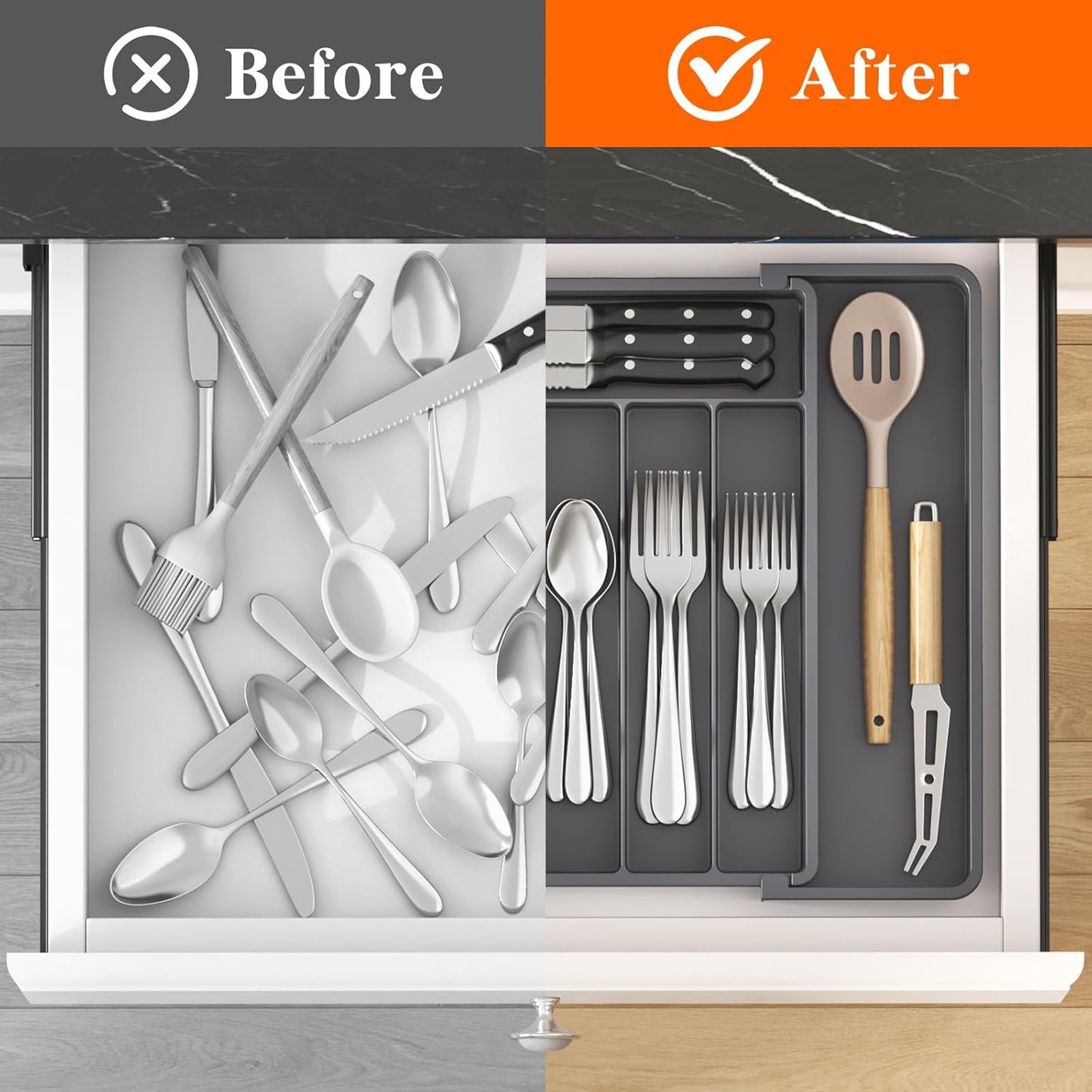 Lifewit Silverware Drawer Organizer, Expandable Utensil Tray for Kitchen, BPA Free Flatware and Cutlery Holder, Adjustable Plastic Storage for Spoons Forks Knives, 11-18 x 14", Black