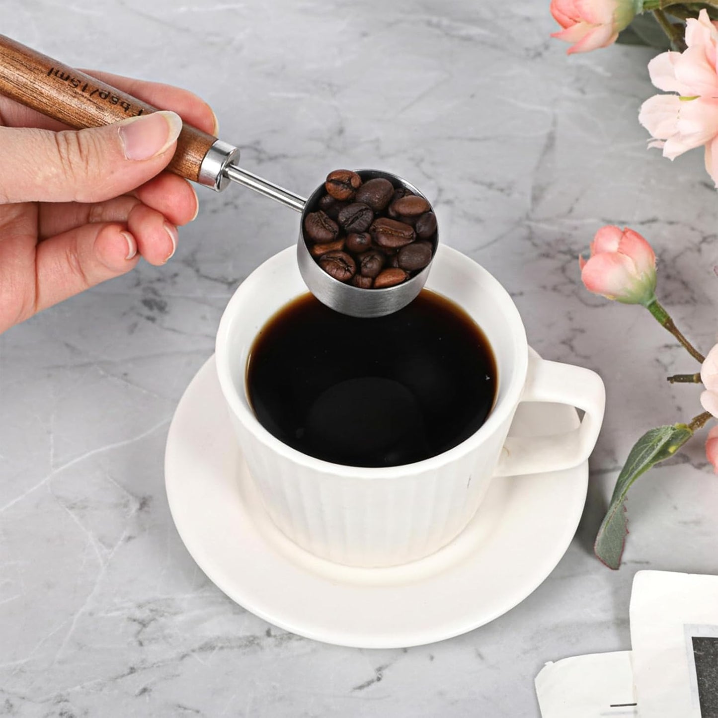 Coffee Measuring Spoon, Vintage Coffee Measuring Scoop 1 Tablespoon 15ml Stainless Steel Coffee-Spoon with Walnut Handle for Ground Coffeebeans Tea and More (Silver)