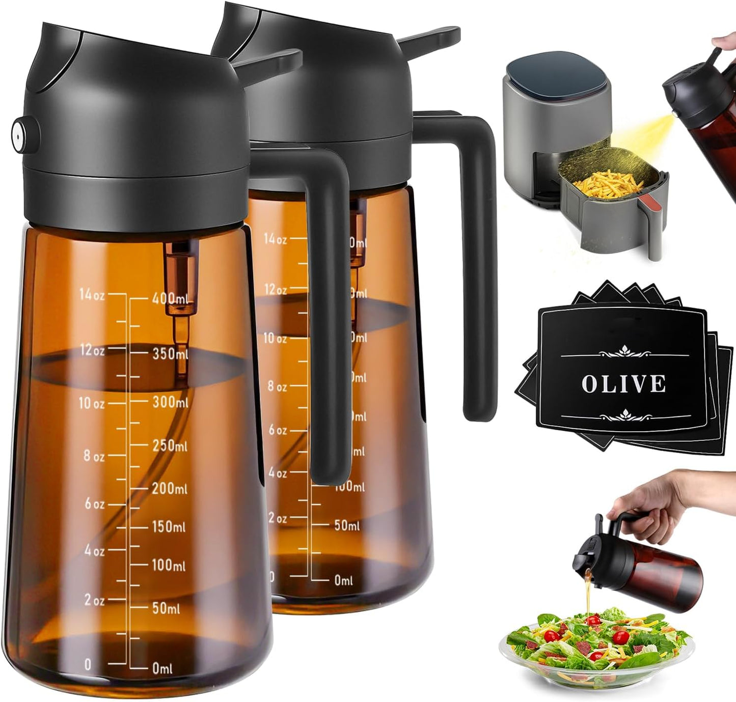 OURCABECUE 2 in 1 Olive Oil Sprayer for Cooking, 16oz/470ml Light-Blocking Dark Olive Oil Dispenser Bottle for Kitchen, Food-Grade Glass Oil Mister with 8 Oil Stickers