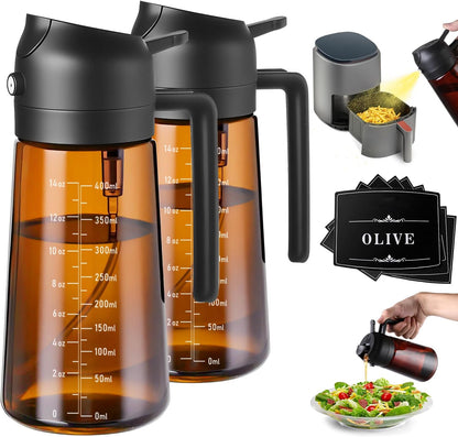 OURCABECUE 2 in 1 Olive Oil Sprayer for Cooking, 16oz/470ml Light-Blocking Dark Olive Oil Dispenser Bottle for Kitchen, Food-Grade Glass Oil Mister with 8 Oil Stickers
