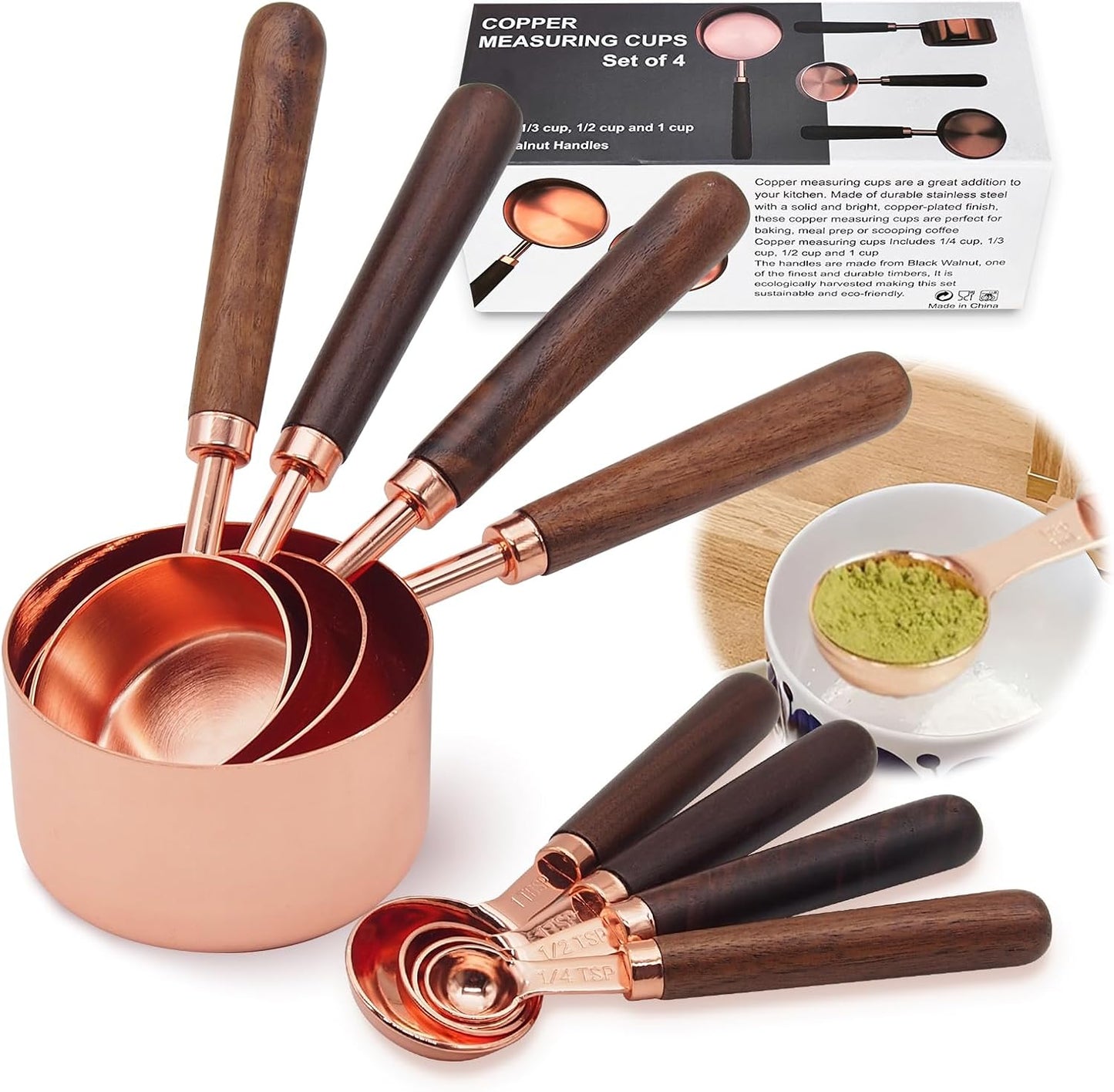 Measuring Cups and Spoons Set,Premium Stainless Steel Measuring Cups and Spoons Set with Wood Handle, 8-Pieces Kitchen Essentials for Baking, Coffee with Ergonomic Grip & Engraved Markings(Silver8)