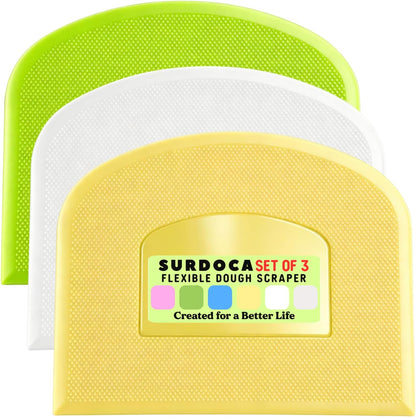SURDOCA Dough Scraper Bench Scraper - 3P 4.7x3.7" Plastic Flexible Bowl Scraper, Sharp Edge & Angles Cake Scraper. Non-Slip Bakeware Decorating Tools Sculpting & Modeling Tools - Green+White+Green - Colors A