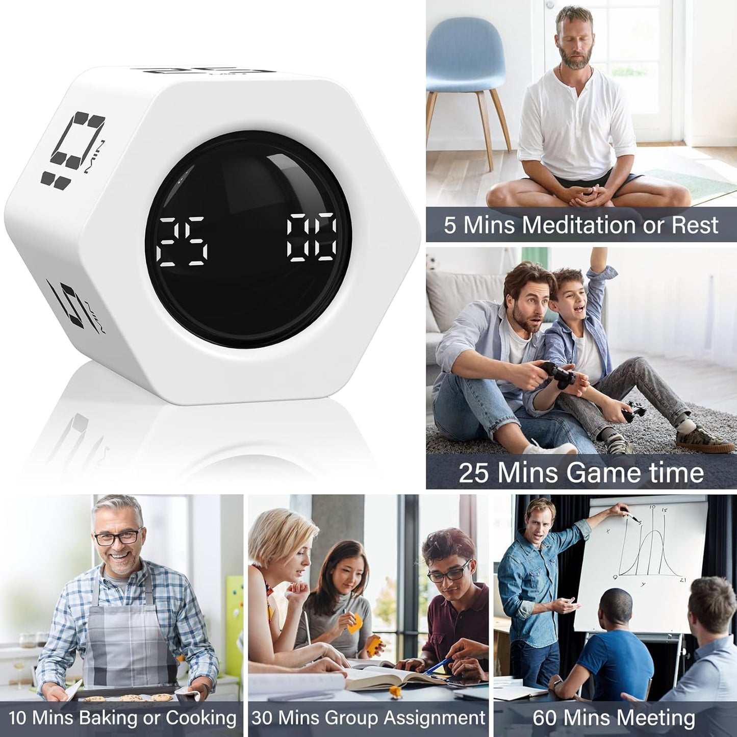Rotating Pomodoro Timer 5, 25, 10 30,60 Mins Preset Stopwatch, Desk Flip ProductivityTimer, ADHD Tool Hexagon, Vibration/Mute/Alarm, for Work, Study, Back to School, Kitchen, Black