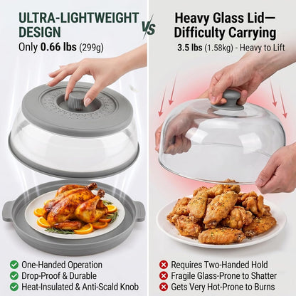 Microwave Splatter Cover for Food with Anti-scald Base Plate,Large Plastic & Silicone Vented Avoid Scalding Collapsible Guard Lid, Plate & Kitchen Colander for Meal Prep-10.7 Inch (2pcs-Gray-Black)