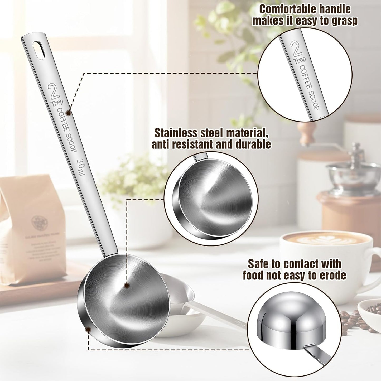 8 Pcs 2 Tablespoon Scoop,Long Handle Coffee Scoops 30 ml Stainless Steel Coffee Spoons Set Two tbsp for Milk Fruit Powder, Loose Tea Dry, Spice Jar, Cooking Baking, and Other Dry Goods