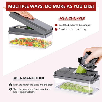 Vegetable Chopper, Onion Chopper Dicer, Mandoline Slicer, Food Chopper with Container, Vegetable Cutter for Salad Potato Carrot Garlic（2 Blades, Black）