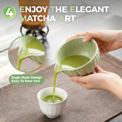Matcha Whisk Set-5pcs, 16OZ Japanese Tea Set Includes Matcha Bowl with Spout, Bamboo Whisk with Ceramic Holder, Bamboo Scoop and Stainless Steel Sifter