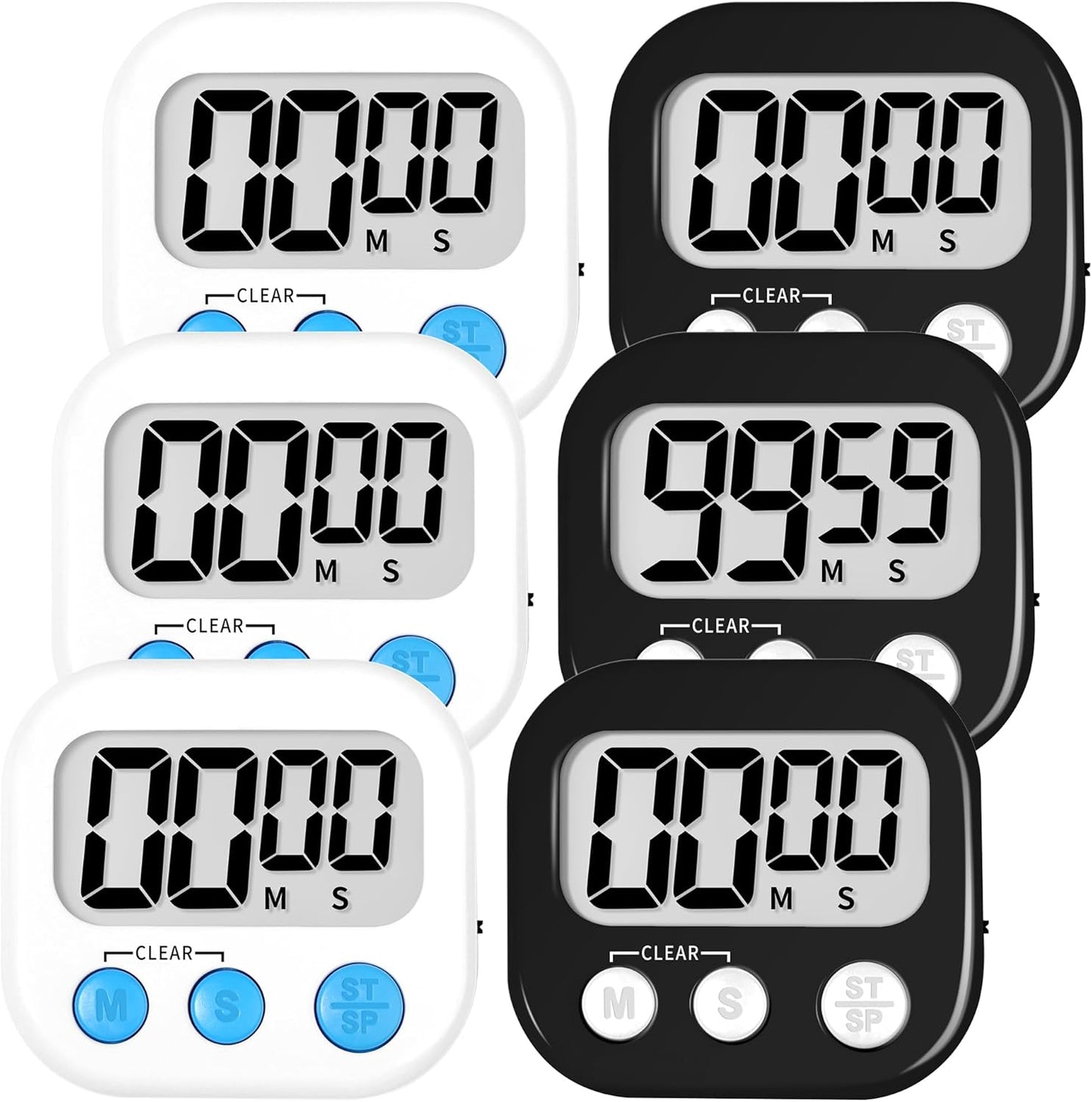 ZILLEEN Kitchen Timer Digital with Magnetic Back for Kids Classroom, White 6 Pack