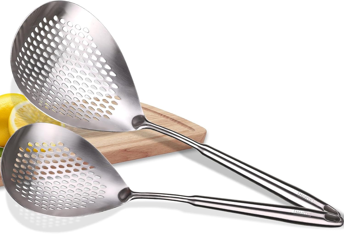 MARTE Skimmer Slotted Spoon Set of 4 - Kitchen Pasta Strainer Spoon - Spider Strainer Skimmer Ladle Spoon with Holder for Cooking and Frying Food, Spaghetti, Vegetable, Dumpling - 14.8In,16.5In,17In