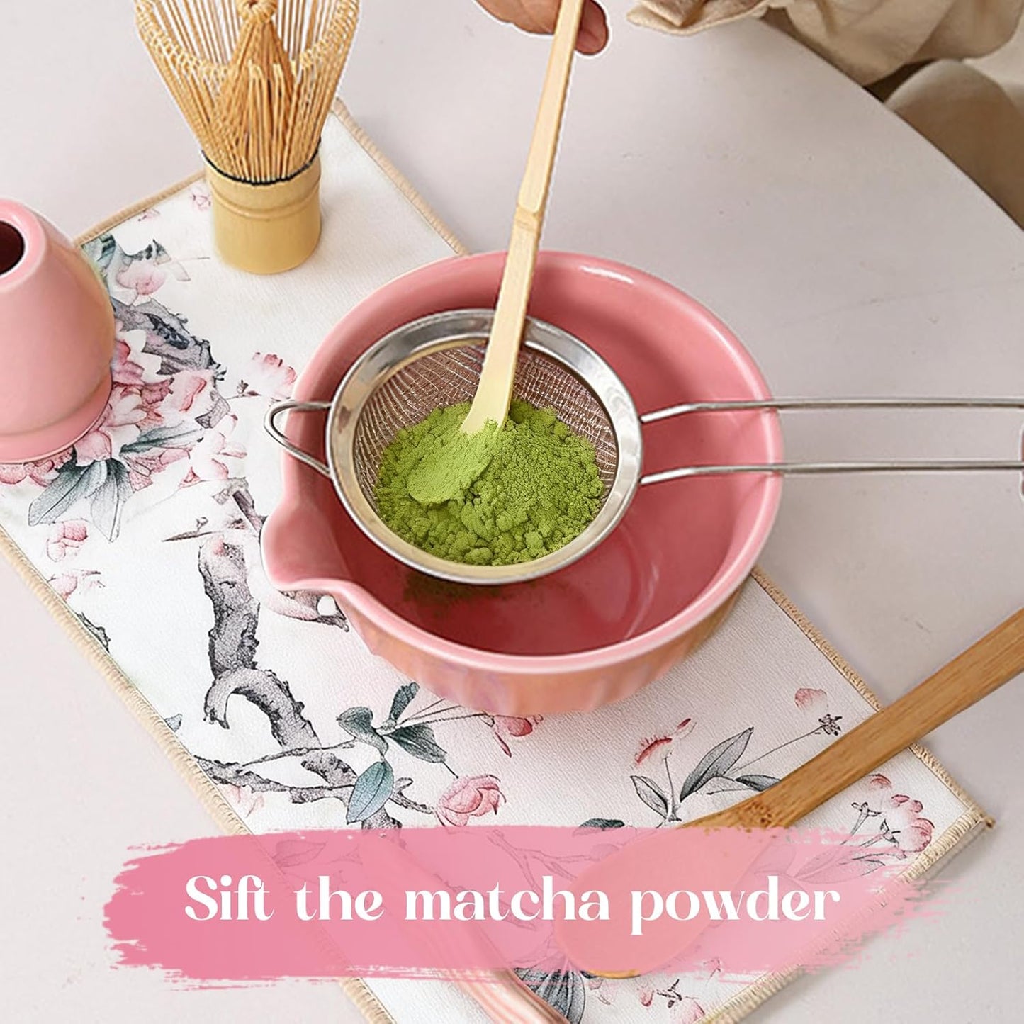 Matcha Whisk Set, 8 Pcs Matcha Kit Set With Pink Cherry Blossom Embossed Pattern Includes 18 OZ Bowl, Bamboo Whisk, Ceramic Holder, Bamboo Scoop x2, Scoop Rest, Stainless Sifter and Tea Towel