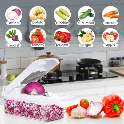Ourokhome Vegetable Chopper Onion Cutter, 14 in 1 Professional Mandolin Slicer for Kitchen, Multifunctional Food Chopper for Potato, Tomato, Veggie with Strainer Basket, 10 Blades, Gray
