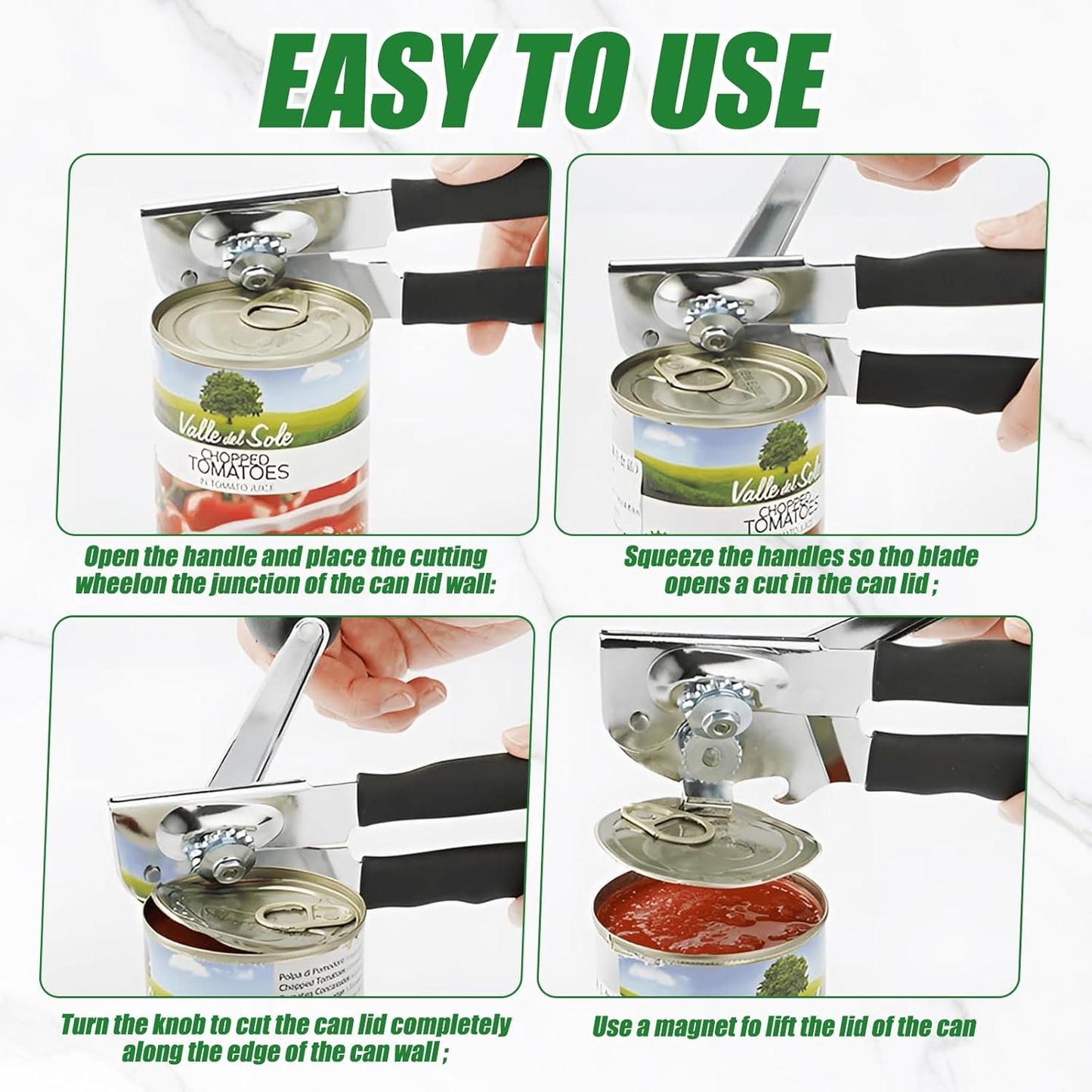 Commercial Can Opener Stainless Steel Handheld Can Opener Smooth Edge with Easy Crank Handle Black Swing Grips for Bulk Cans and All Size Cans