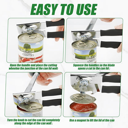 Commercial Can Opener Stainless Steel Handheld Can Opener Smooth Edge with Easy Crank Handle Black Swing Grips for Bulk Cans and All Size Cans