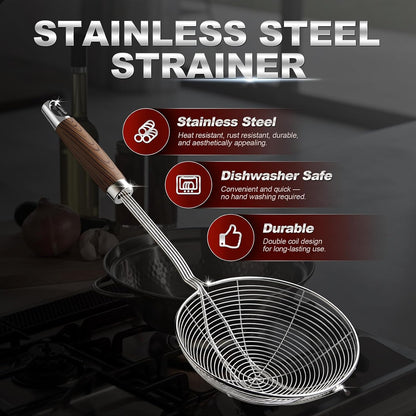 IQCWOOD Spider Strainer Skimmer with Wood Handle - 5.5 Inch Fryer Scoop for Cooking and Frying, Kitchen Utensils Pasta Strainer Spoon