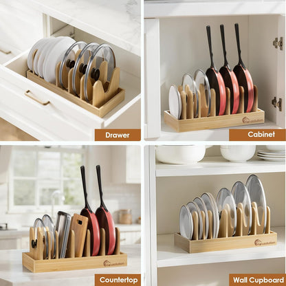 Housolution Bamboo Pot and Pan Organizer for Cabinet, 15"-29" Expandable Pot Lid Organizer with 10 Adjustable Dividers, Wooden Pan Holder Storage Rack, Fully Expanded Size 29.5" W x 8" D x 7.5" H