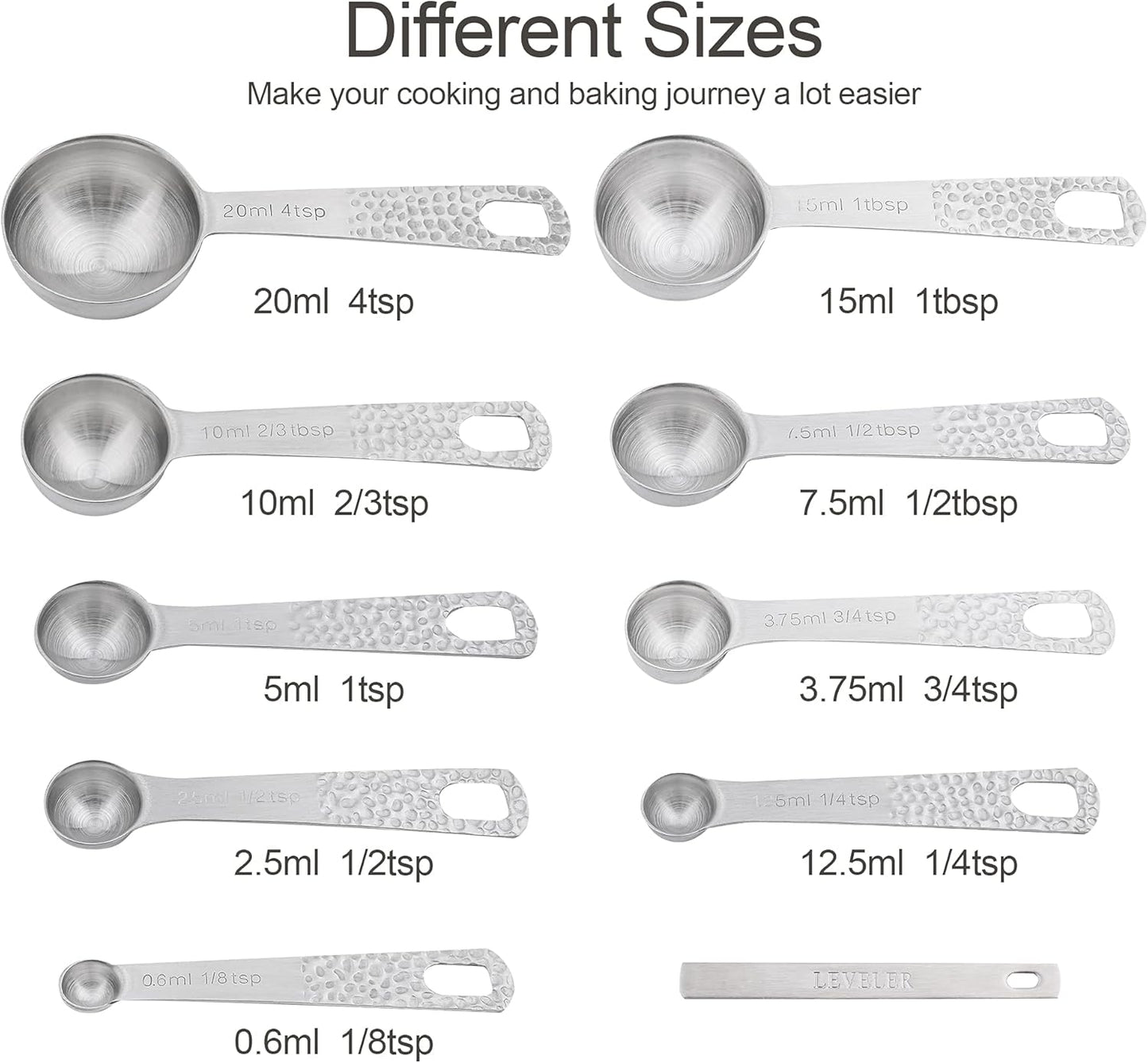 Smithcraft Measuring Spoons Set, 18/8 Stainless Steel Measuring Spoon Set 9 & Leveler, Metal Measuring Spoons for Baking, Kitchen Gadgets Measure Spoons, Measurement Spoons 1/8, 3/4, 4 tsp & 2/3 tbsp